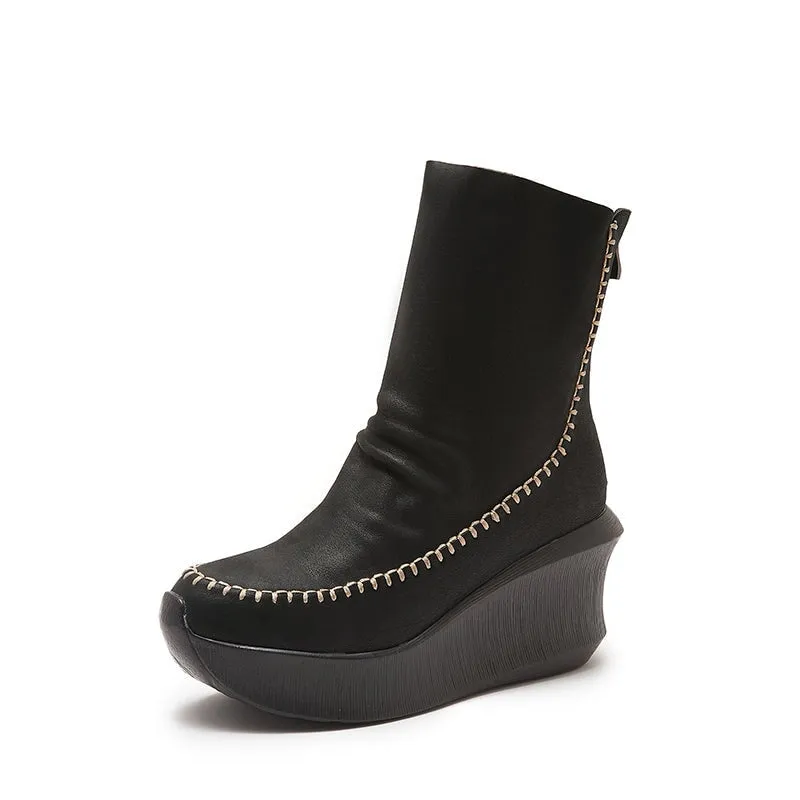 80mm Wedge Ankle Boots For Women Handmade Leather Designer Ankle Booties in Black/Coffee