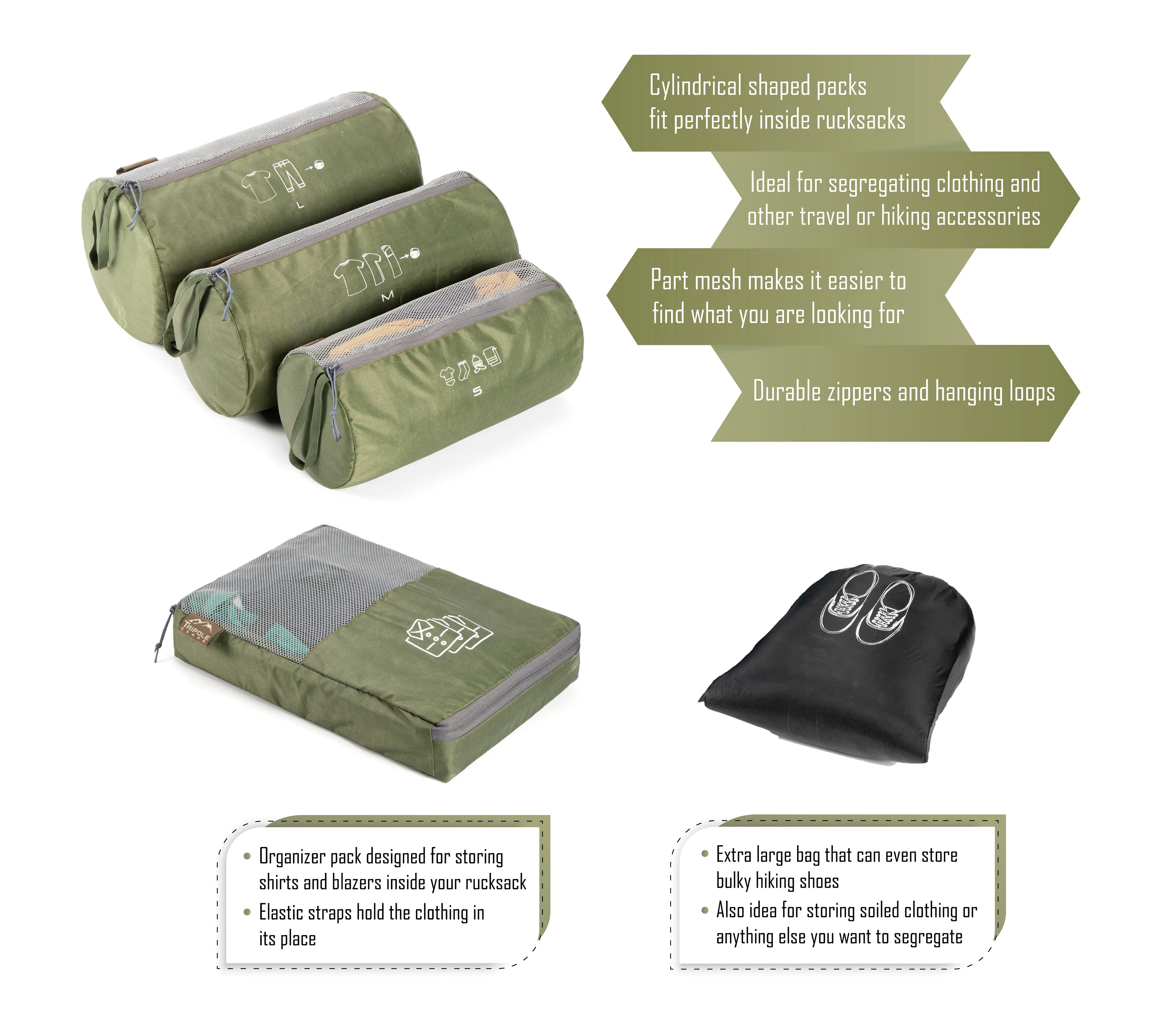 Tripole Organizer Packs - Cylindrical Shaped & Shirt Organizer- Set of 6 | Army Green