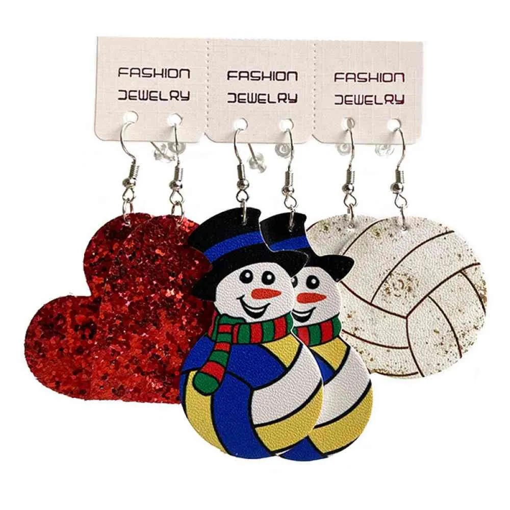 Winter and Sports Themed Snowman, Ball, and Heart Faux Leather Earrings Sets of 3 Pairs